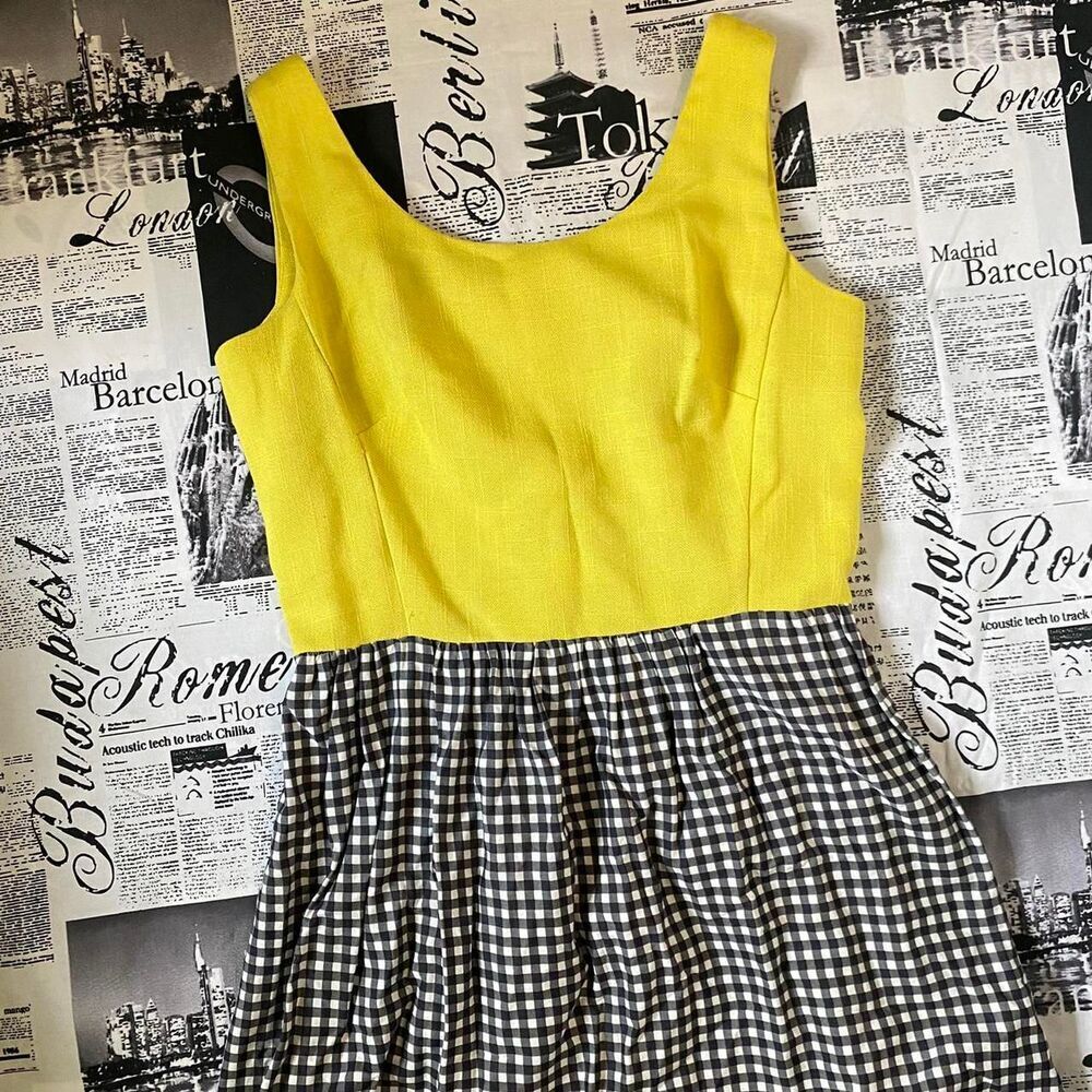 Stephen O'Grady Yellow black flower plaid 70s vintage dress mod hippy maxi indie